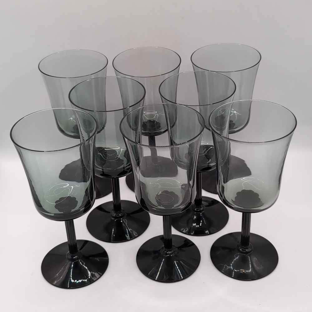 Eight (8) Vintage Matching Fostoria Princess Gray Wine Glasses - 1970's / 1980's